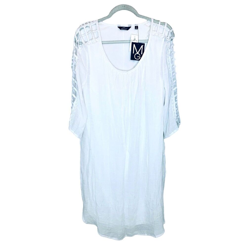 Mlle Gabrielle Flowy‎ White Summer Popover Dress 1X NWT Open Lace Cutout Sleeves